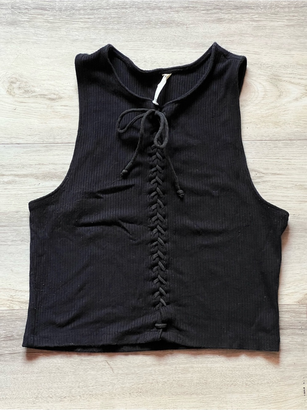 Anthropologie Black Ribbed Tie-Front Crop Tank